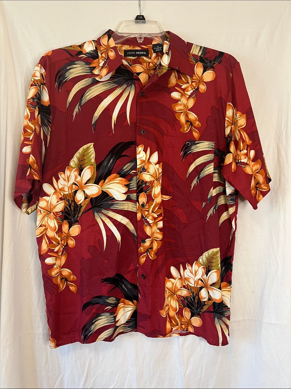 John Henry Maroon Orange Floral Hawaiian Shirt Men's Size M